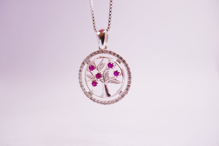 Sterling Silver| Tree of Life Pendant With Ruby Stones & Cubic Zircon | Ruby Gift | Bridal Shower Necklace Gift | Bachelorette Party Gift