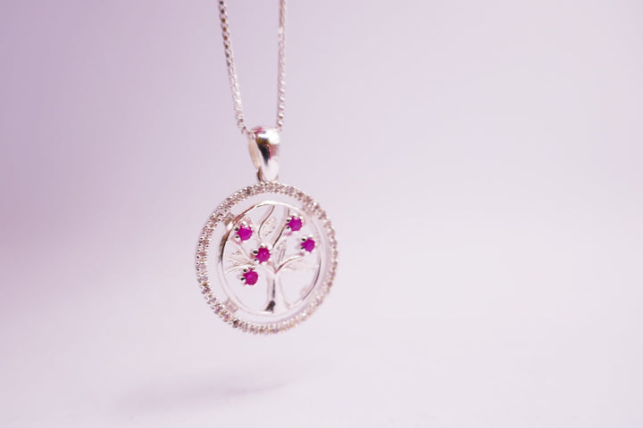 Sterling Silver| Tree of Life Pendant With Ruby Stones & Cubic Zircon | Ruby Gift | Bridal Shower Necklace Gift | Bachelorette Party Gift