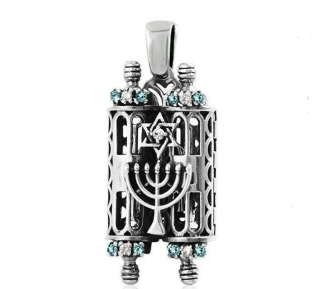 Torah scroll necklace Ten Commandments. handmade work inlaid with colorful crystals