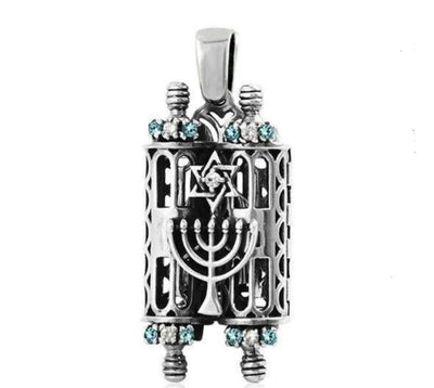 Torah scroll necklace Ten Commandments. handmade work inlaid with colorful crystals