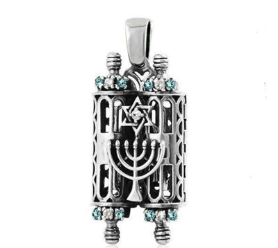 Torah bible scroll necklace Ten Commandments handmade judaica work inlaid with colorful crystals