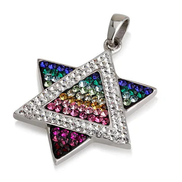 Star of David Pendant with Gemstones - Multi-Color, Black & White, Azure & White, Blue & White in Sterling Silver Necklace