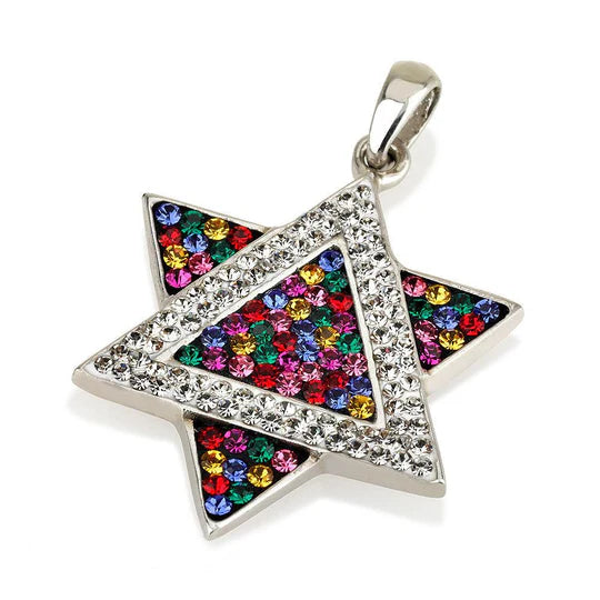 Star of David Pendant with Gemstones - Multi-Color, Black & White, Azure & White, Blue & White in Sterling Silver Necklace