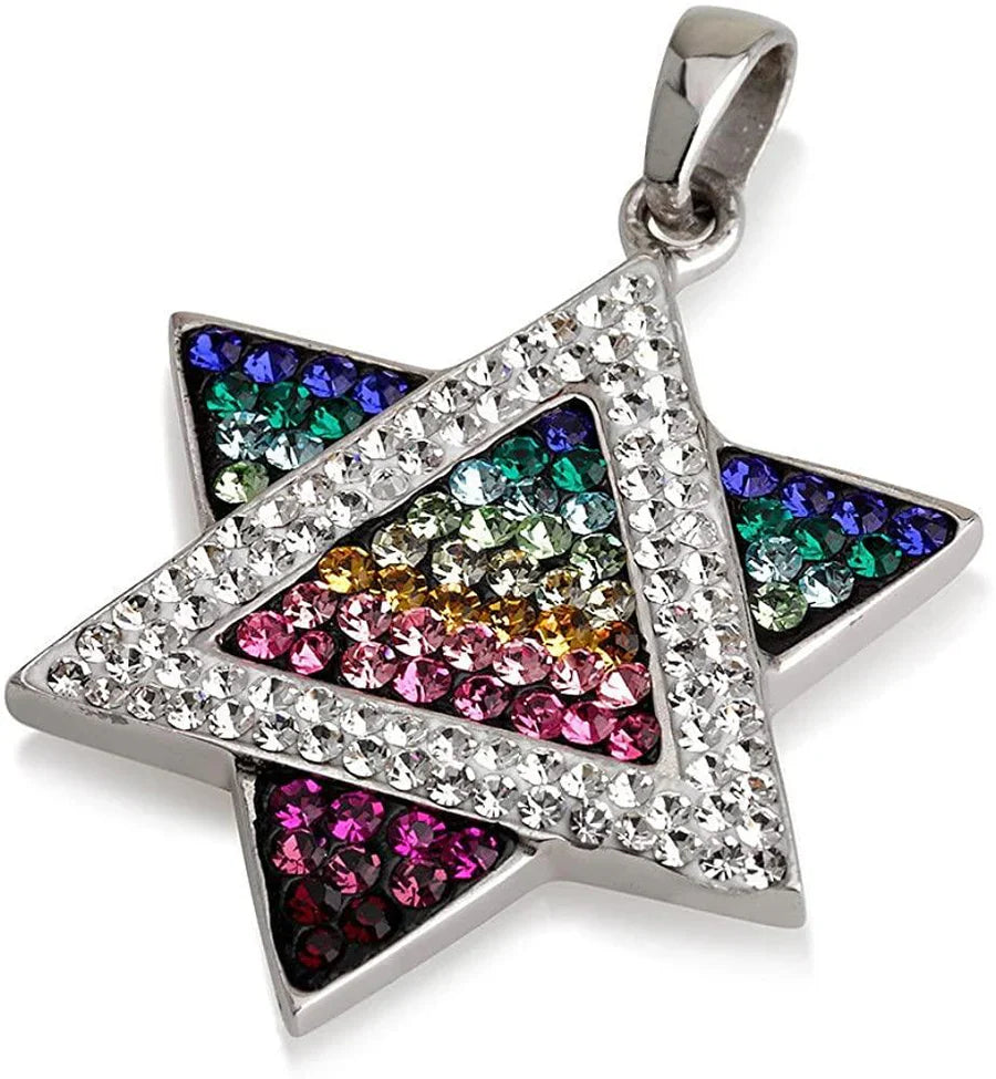 Star of David Pendant Multi Colors Gemstones with Sterling Silver Necklace