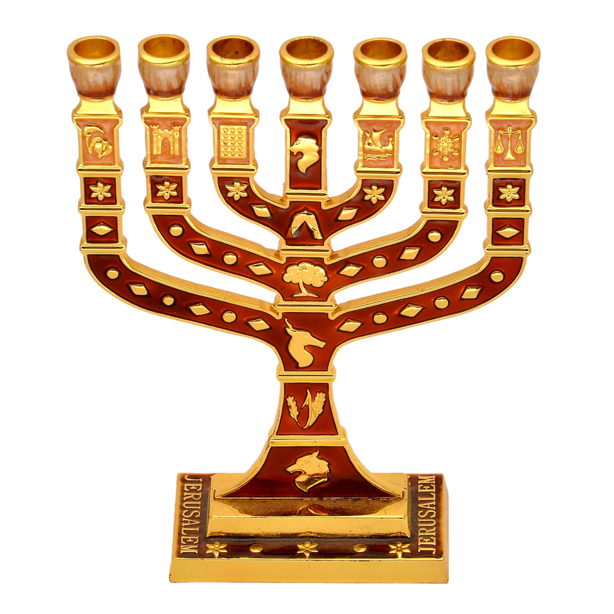 Jerusalem red & Gold Menorah Enamel Decorative Judaica Candle Holder 7 Branch with The Tribes Israel Jewish Made in Israel