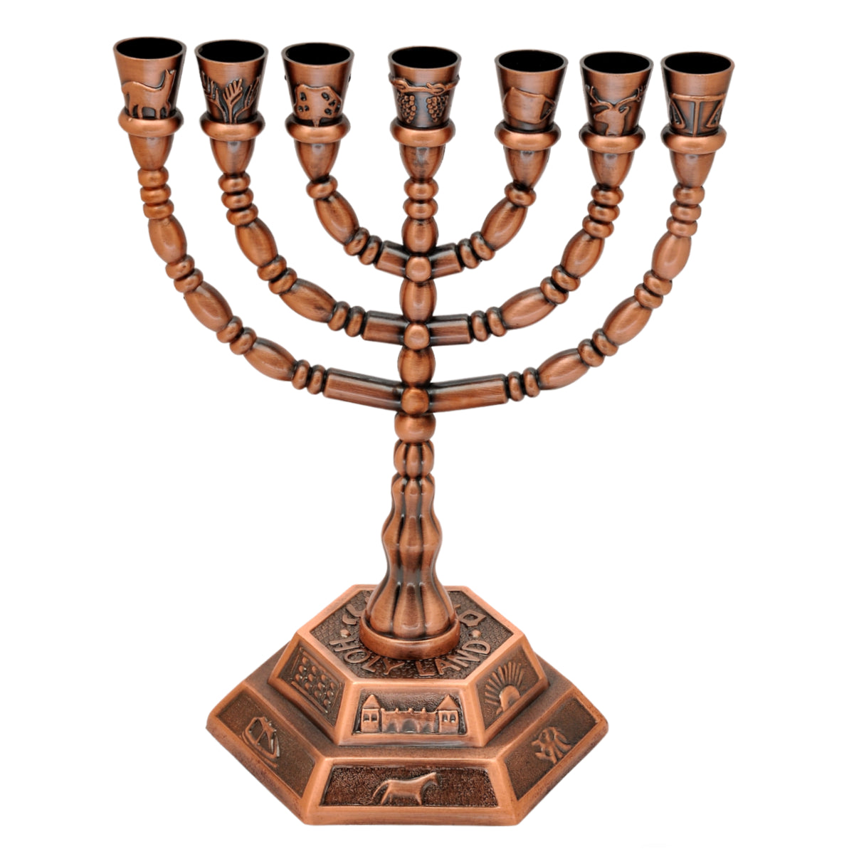 Temple Menorah 7 Branch Candle Holder 12 Tribes of Israel Hexagonal Base
