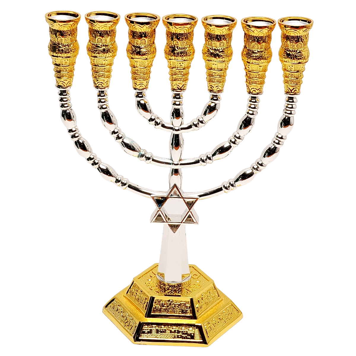 Menorah With Magen David Gold Silver Plated From Holyland Jerusalem 8.8″ / 22.5 cm