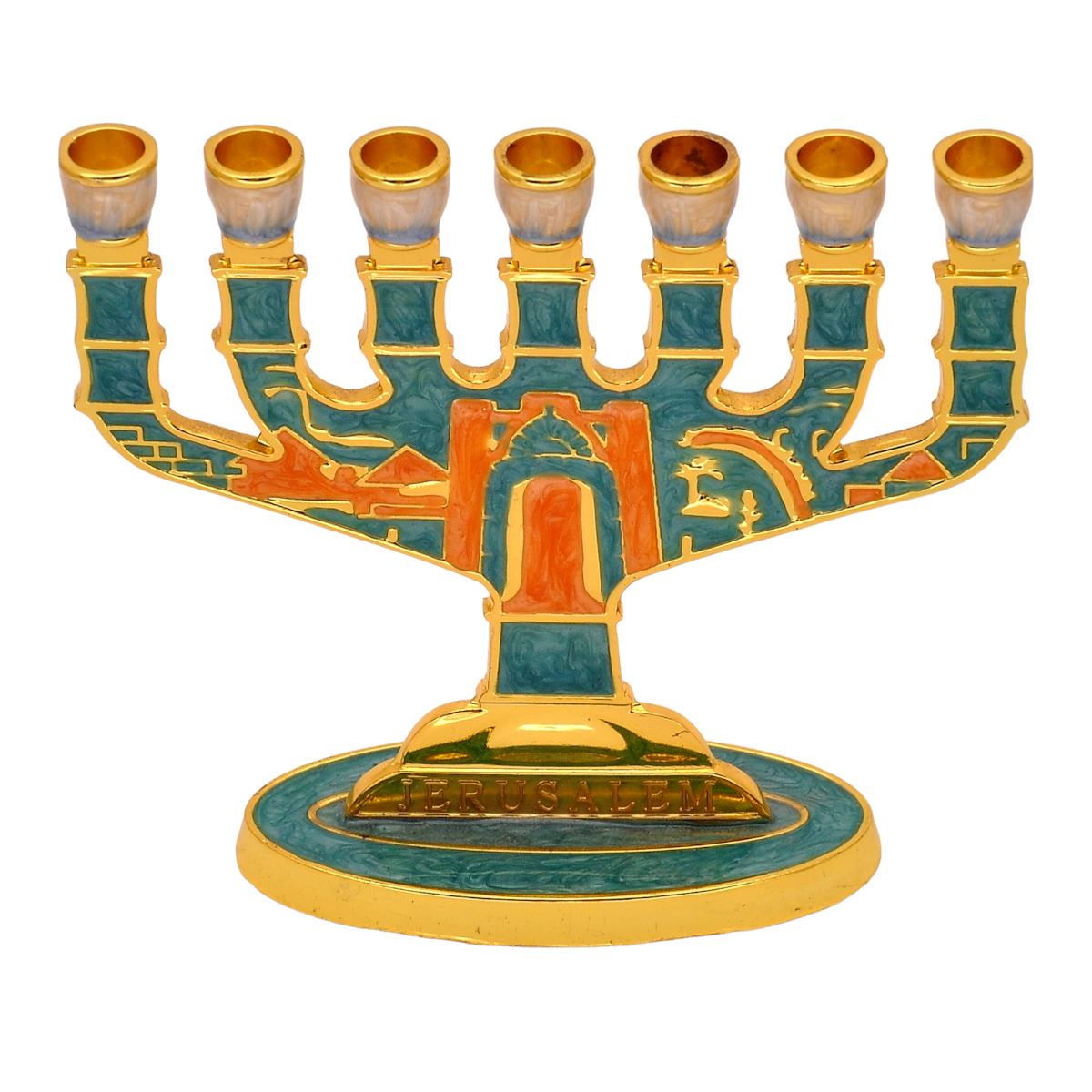Turquoise Jerusalem Israel 7 Branch Menorah Judaica Enamel Gold Plated Gift Temple Sanctuary Judaica