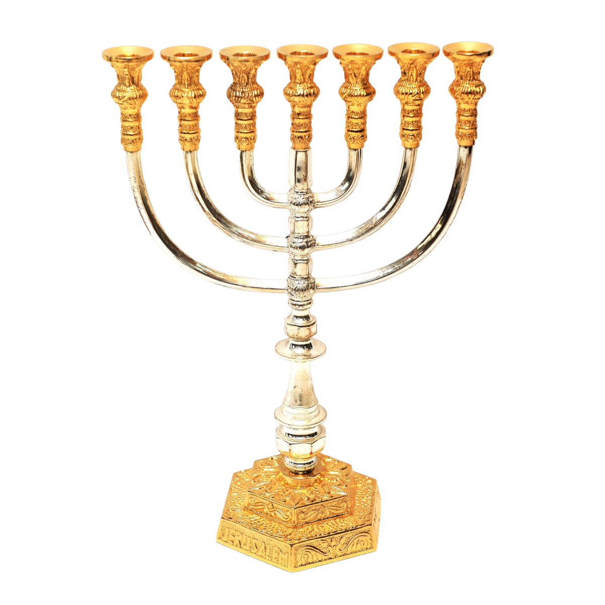 Temple Menorah Gold silver Plated Candle Holder Judaica Jerusalem 14.2″ / 36 cm