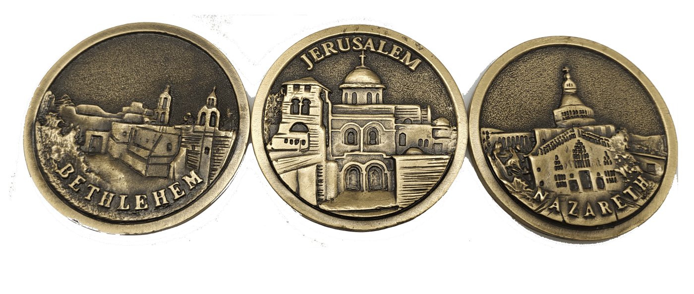 6 Holy Land Israel Church Coins: Church of The Holy Sepulchre, Basilica of The Annunciation, Church of The Nativity Coin Israel Souvenir from The Holyland (Silver Color & Gold Color) - Spring Nahal
