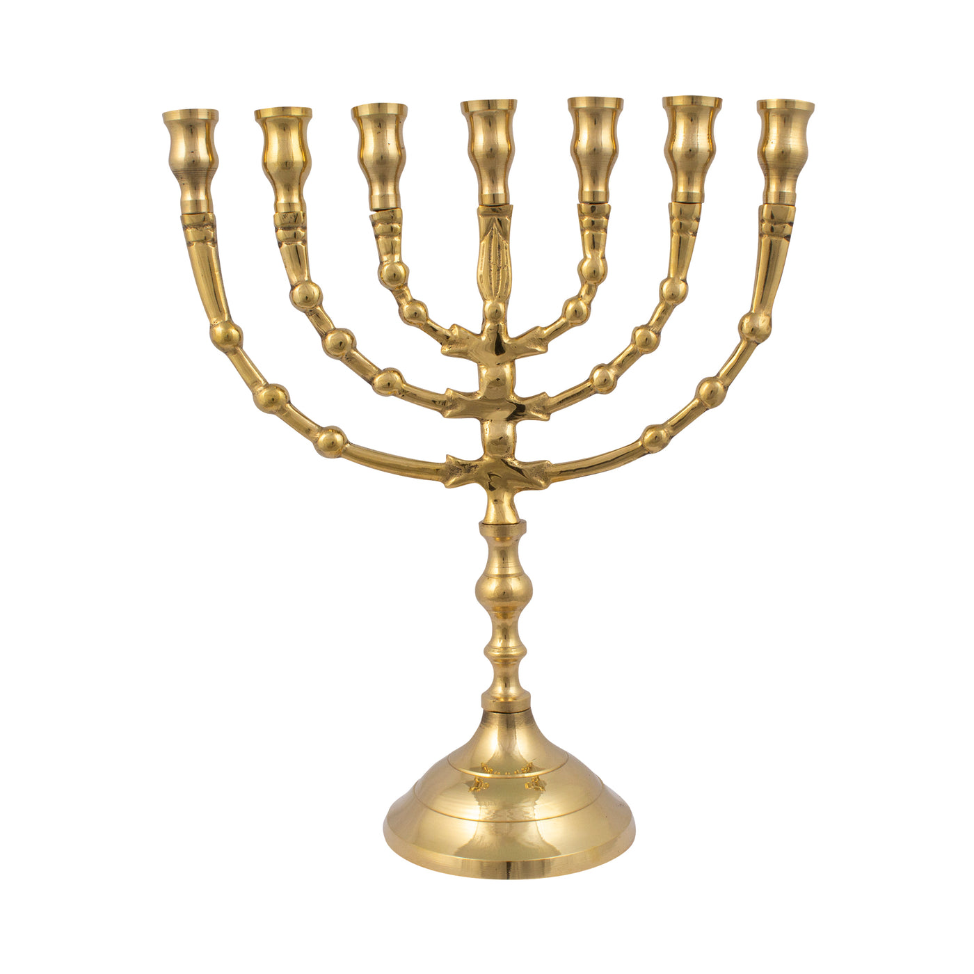 Menorah decorated with balls and a shiny brass finish  9 inch / 23 cm