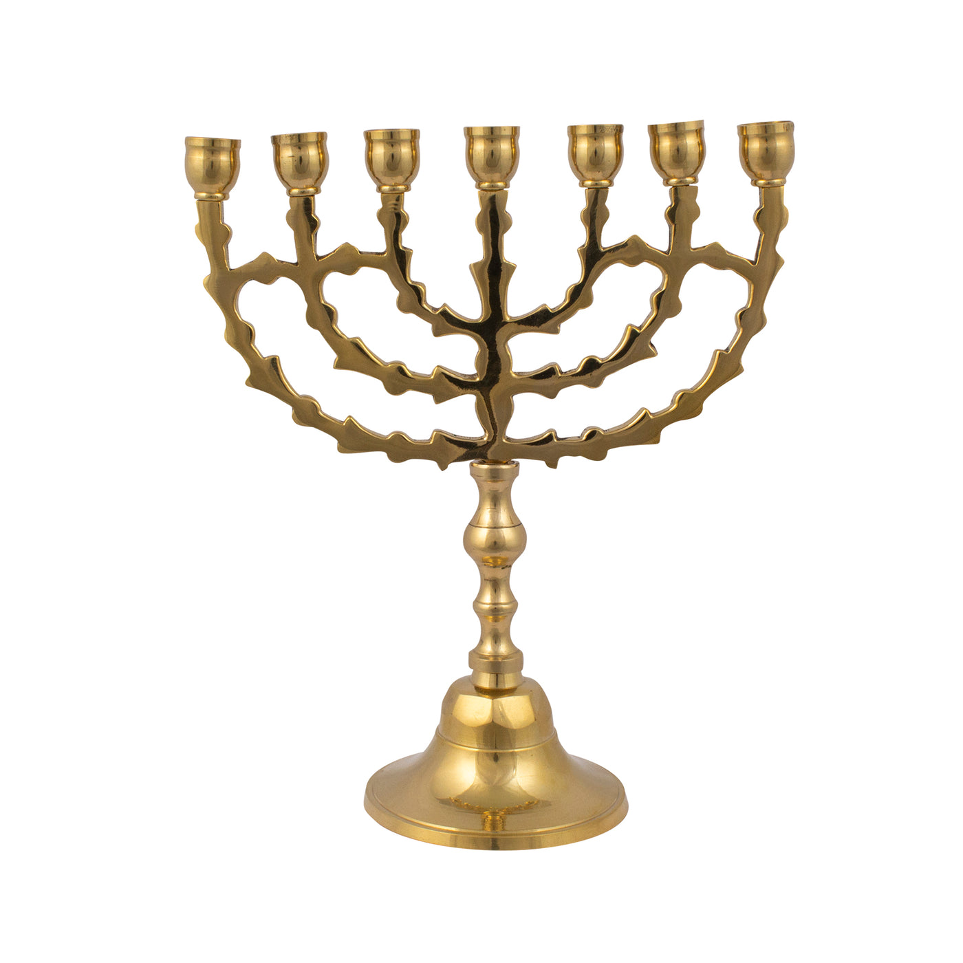 Menorah decorated with leaves with a shiny brass finish /8 inches - 20cm