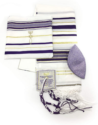 Messianic Tallit Prayer Shawl Covenant in English/Hebrew with Bag and Kippah