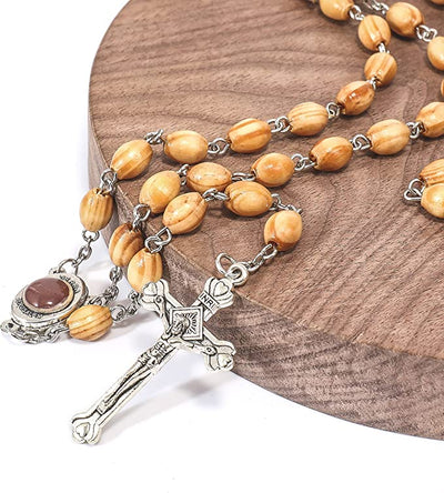 Catholic Prayer Rosary Olive Wood Beads Necklace Holy Soil Medal & Metal Cross and Velvet Bag
