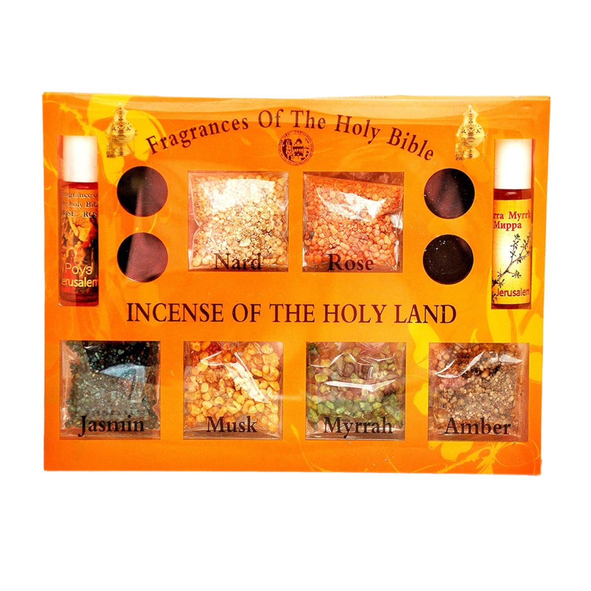 Holy Land Incense set: 7 fragrances Nard Rose, Jasmin, Musk, Myrrah, Amber, 2 Anointing Oil and 4 charcoal Incense from the Holy Land kit