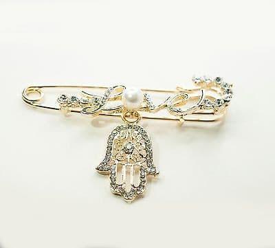 Baby Boys / Girls Hamsa Hand With Loves in Gold Safety Pin For Stroller Luck.