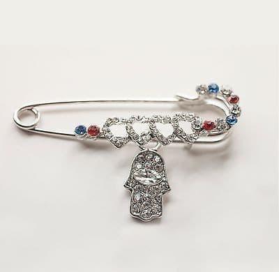 Baby Boys / Girls Hamsa Hand With Loves in Silver Safety Pin For Stroller Luck.