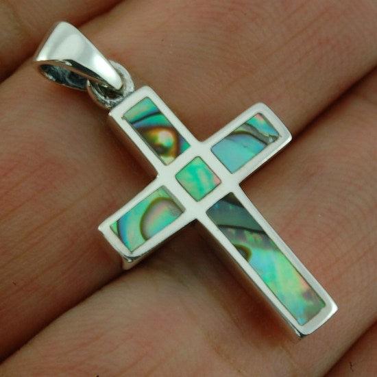 Christian Cross Pendant in Abalone Color + 925 Silver Necklace - Spring Nahal