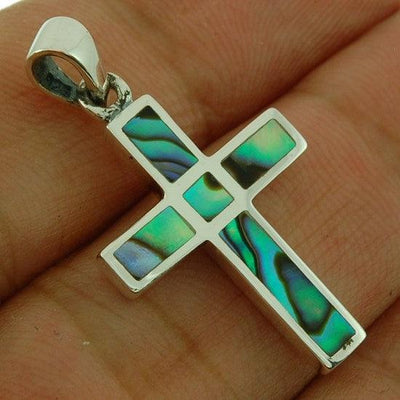 Christian Cross Pendant in Abalone Color + 925 Silver Necklace - Spring Nahal