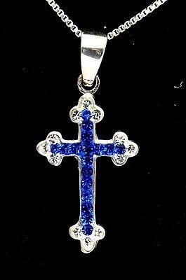 Christian Cross Pendant Sterling Silver 925 With Crystal & Blue Gemstone.