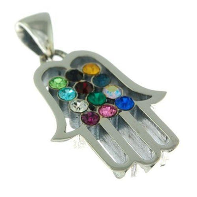 Copy of Hamsa Silver Pendant Multi Colors Gemstones + 925 Sterling Silver Chain #54 - Spring Nahal