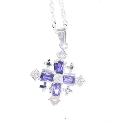 Copy of Jerusalem Cross Silver Pendant with Purple Colors Crystals + Silver Necklace - Spring Nahal