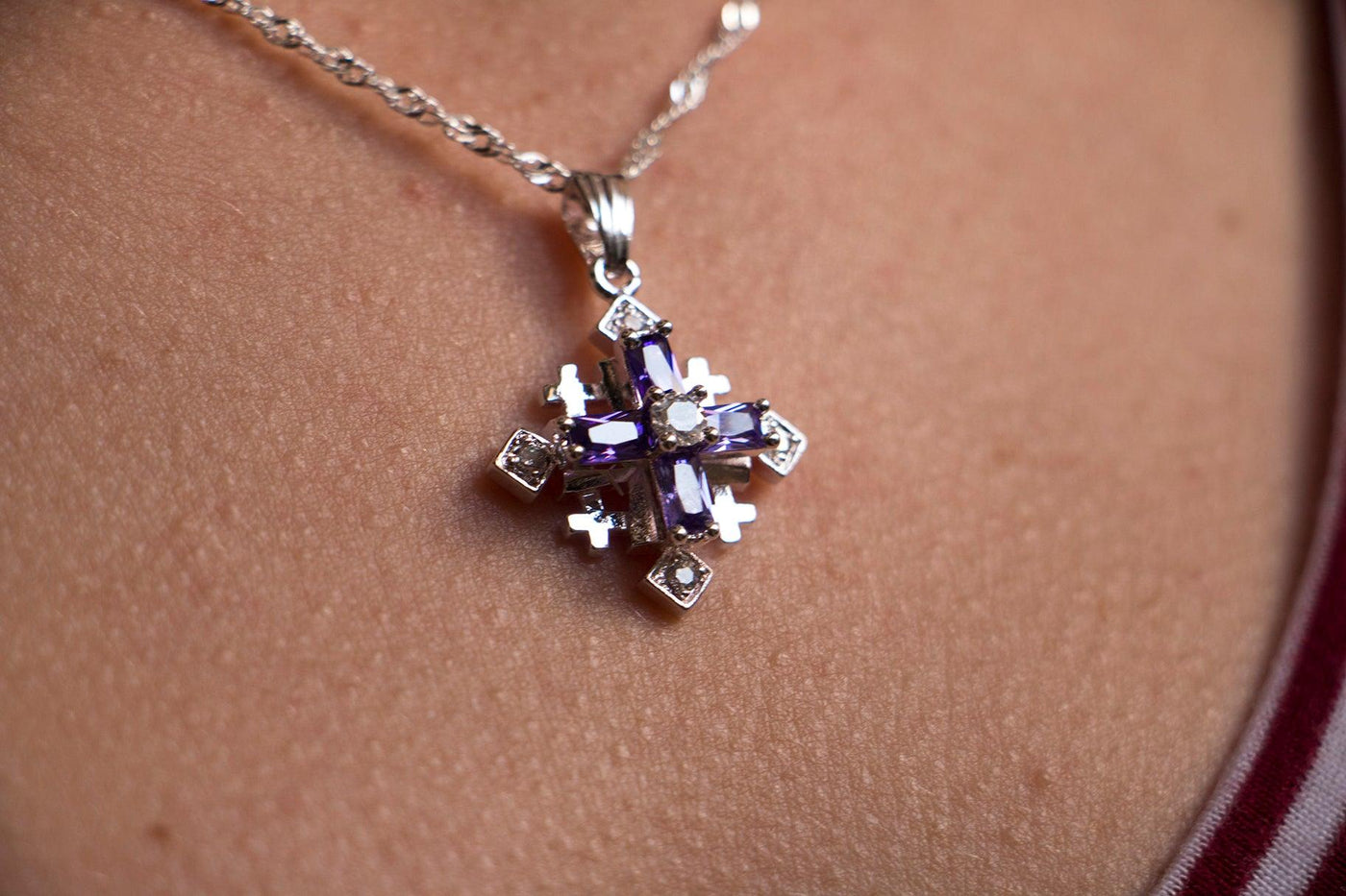 Copy of Jerusalem Cross Silver Pendant with Purple Colors Crystals + Silver Necklace - Spring Nahal