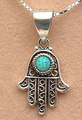 Filigree Opal Hamsa Sterling Silver Charm Necklace.