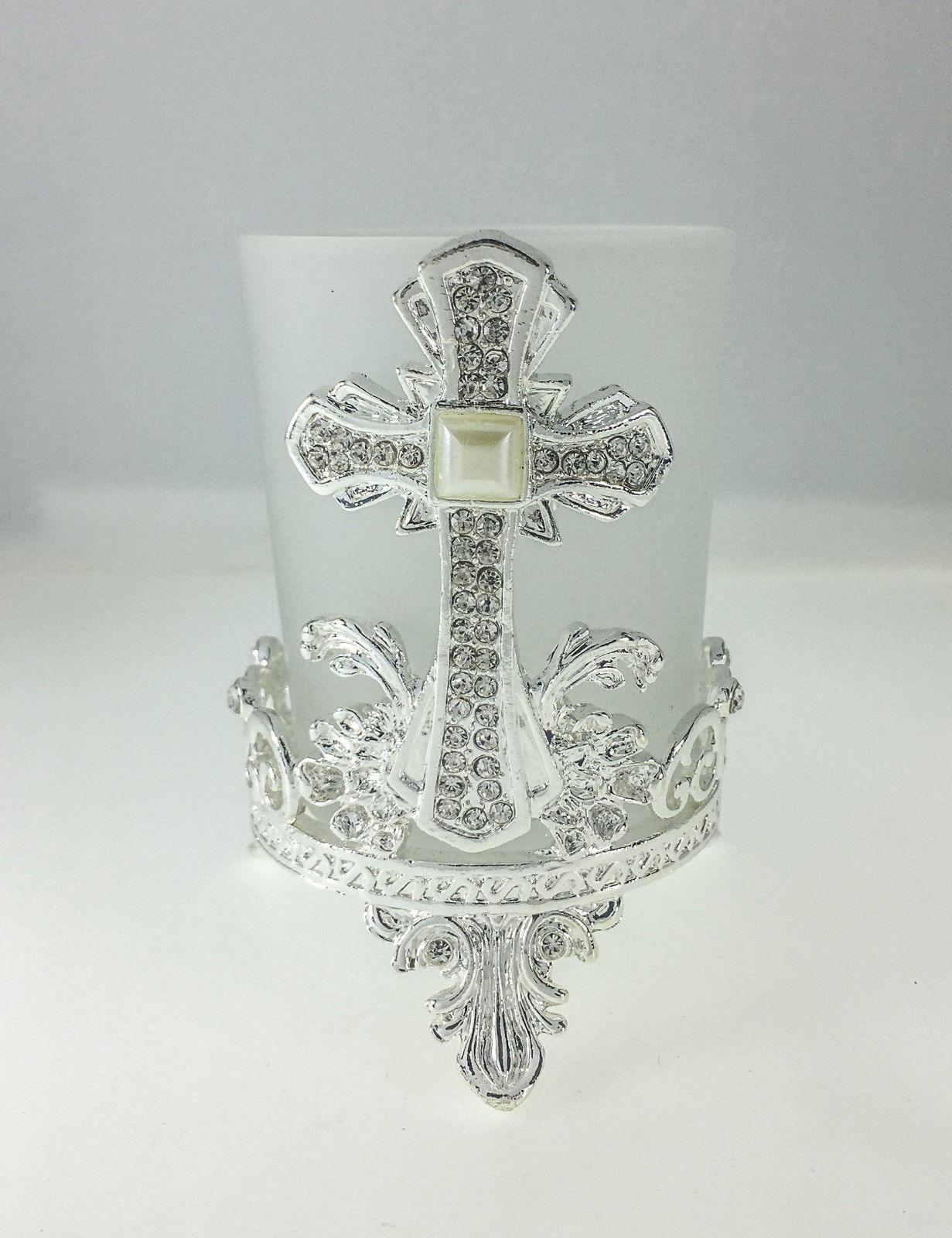 Frosted Glass Candleholder with Silver Cross - Spring Nahal