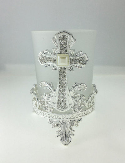 Frosted Glass Candleholder with Silver Cross - Spring Nahal