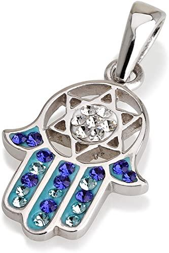 Hamsa Pendant in Sterling Silver With Blue Crystals Gemstones + Necklace - Spring Nahal