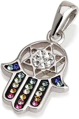 Hamsa Pendant in Sterling Silver With Mix Colors Crystals Gemstones + Necklace - Spring Nahal