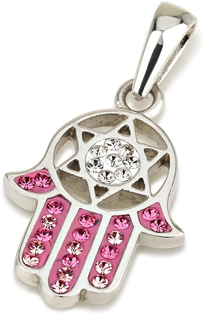 Hamsa Pendant in Sterling Silver With Pink Crystals Gemstones + Necklace - Spring Nahal