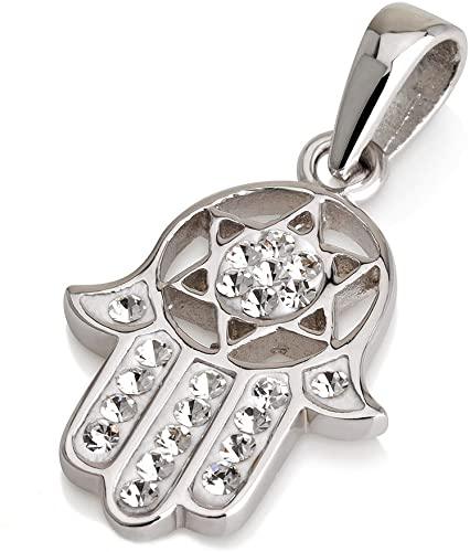 Hamsa Pendant in Sterling Silver With White Crystals Gemstones + Necklace - Spring Nahal