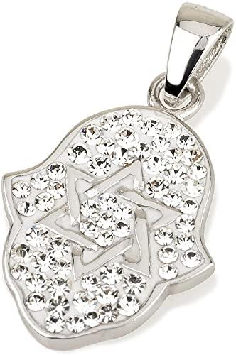Hamsa Pendant in Sterling Silver With White Crystals Gemstones + Necklace - Spring Nahal