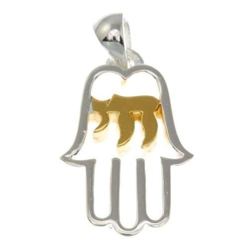 Hamsa Pendant in Sterling Silver&Gold "HAY" + Sterling Silver Chain #64 - Spring Nahal