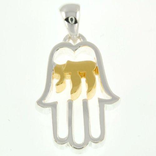 Hamsa Pendant in Sterling Silver&Gold "HAY" + Sterling Silver Chain #64 - Spring Nahal