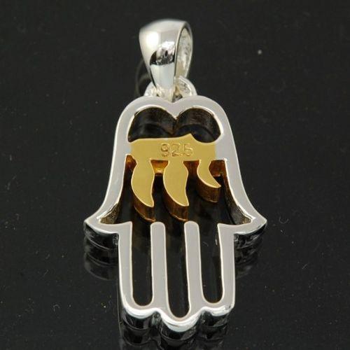 Hamsa Pendant in Sterling Silver&Gold "HAY" + Sterling Silver Chain #64 - Spring Nahal
