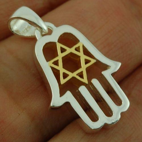 Hamsa Pendant in Sterling Silver&Gold Star of David + Sterling Silver Chain #63 - Spring Nahal