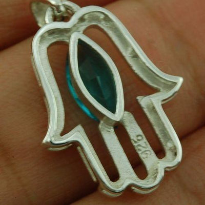 Hamsa Pendant with Blue Gemstone Fatima hand + 925 Sterling Silver Necklace - Spring Nahal