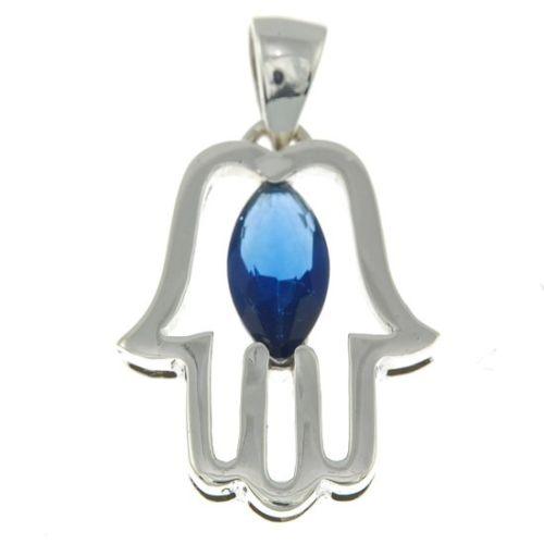 Hamsa Pendant with Dark Blue Gemstone Fatima hand + Sterling Silver Necklace - Spring Nahal