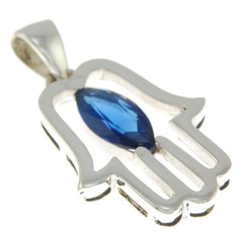Hamsa Pendant with Dark Blue Gemstone Fatima hand + Sterling Silver Necklace - Spring Nahal