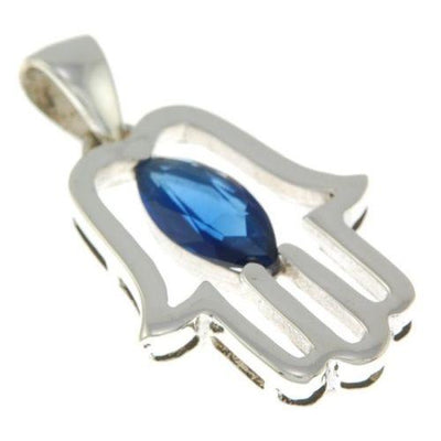 Hamsa Pendant with Dark Blue Gemstone Fatima hand + Sterling Silver Necklace - Spring Nahal