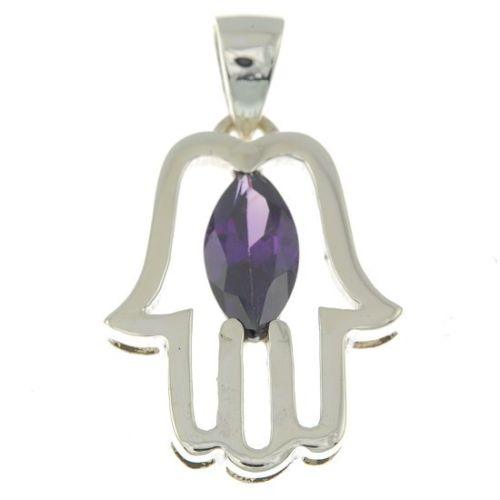 Hamsa Pendant with Purple Gemstone Fatima hand + 925 Sterling Silver Necklace - Spring Nahal
