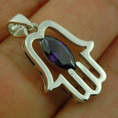 Hamsa Pendant with Purple Gemstone Fatima hand + 925 Sterling Silver Necklace - Spring Nahal