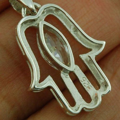 Hamsa Pendant with White Gemstone Fatima hand + 925 Sterling Silver Necklace - Spring Nahal