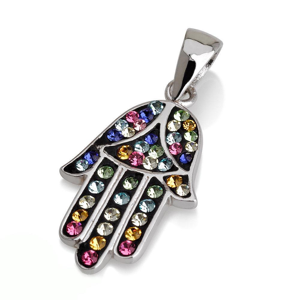 Hamsa Silver Pendant Multi Colors Gemstones + 925 Sterling Silver Chain #43 - Spring Nahal
