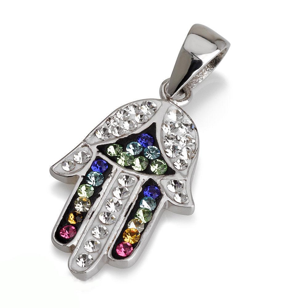 Hamsa Silver Pendant Multi Colors Gemstones + 925 Sterling Silver Chain #54 - Spring Nahal