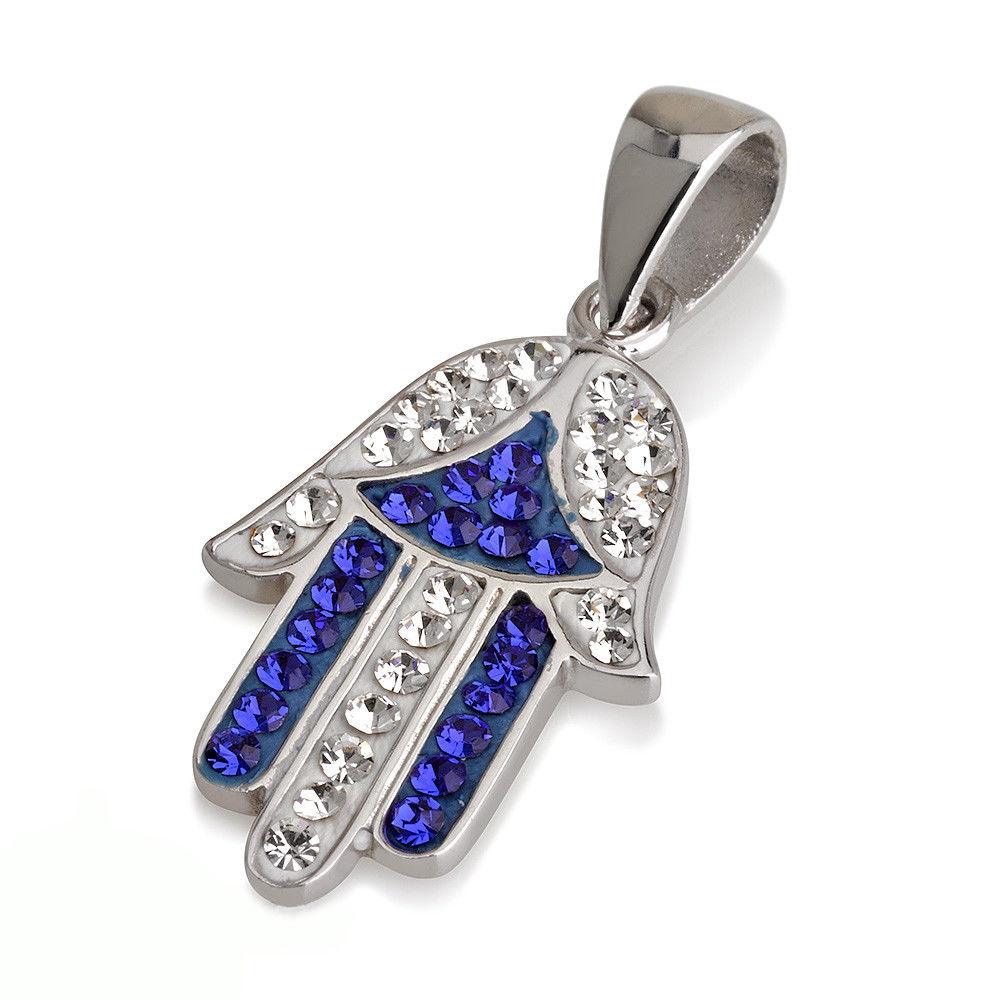 Hamsa Silver Pendant White and Blue Gemstones + 925 Sterling Silver Chain #39 - Spring Nahal