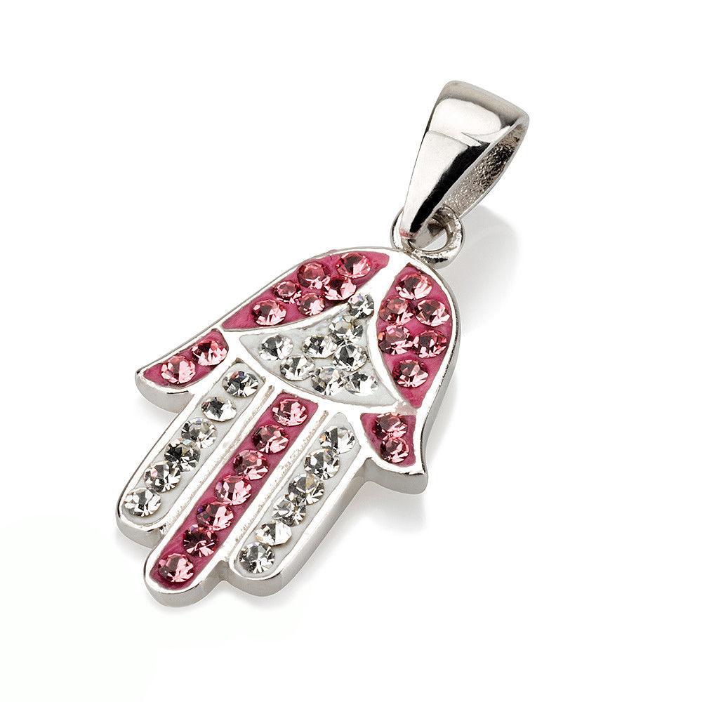 Hamsa Silver Pendant White and Pink Gemstones + 925 Sterling Silver Chain #39 - Spring Nahal